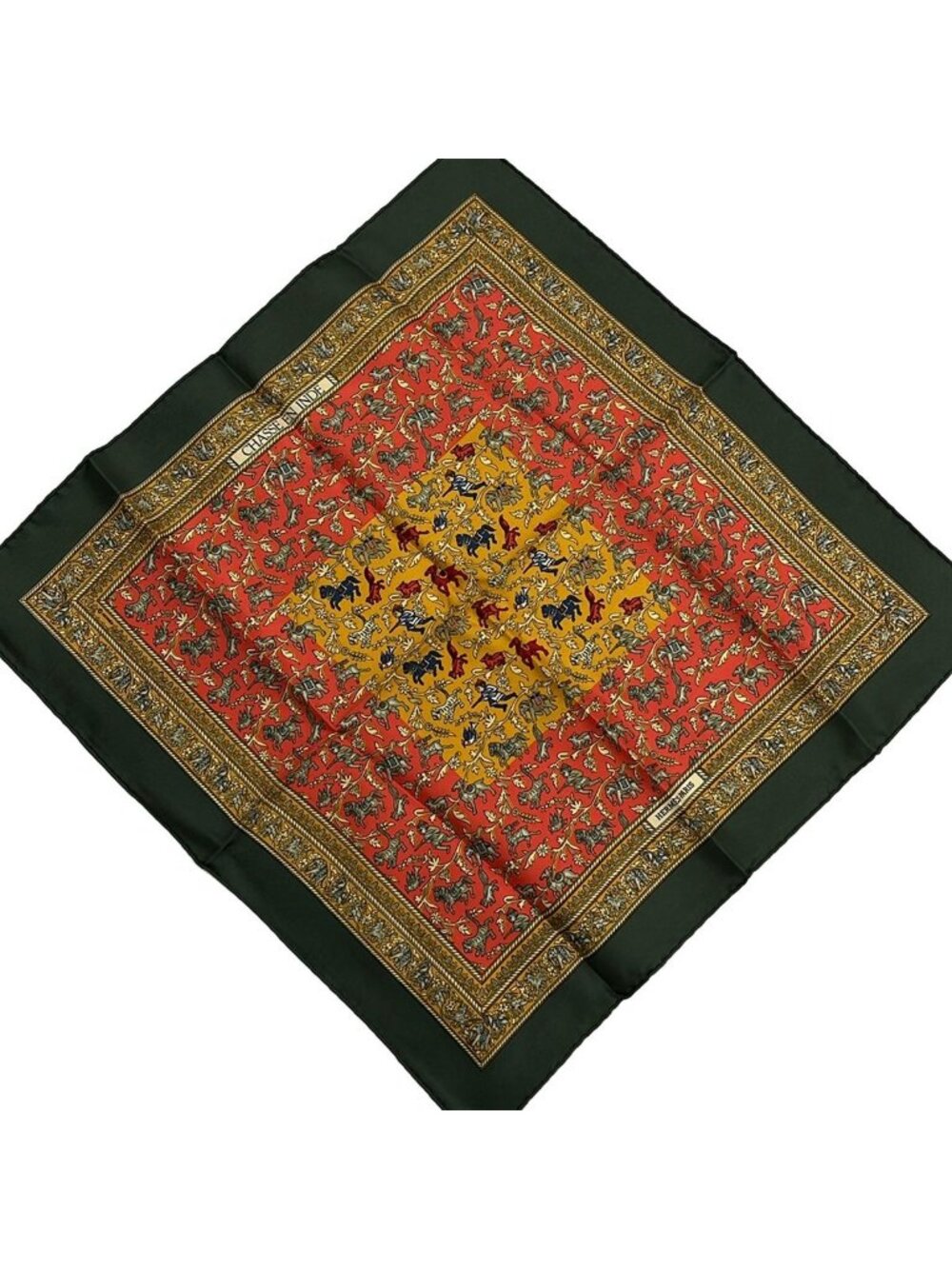 Hermes Scarf Petit Carre Red Khaki Multi Chasse en Inde